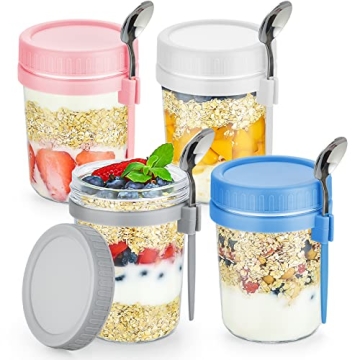 DRKIO 4 Pack Overnight Oats Containers with Lids and Spoons 16 Oz Glass Mason Jars for Overnight Oat...
