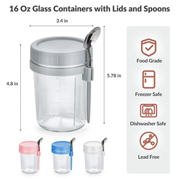 DRKIO 4 Pack Overnight Oats Containers with Spoons 16 Oz Glass Jars