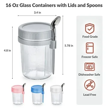 DRKIO 4 Pack Overnight Oats Containers with Spoons 16 Oz Glass Jars