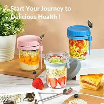 DRKIO 4 Pack Overnight Oats Containers with Spoons 16 Oz Glass Jars