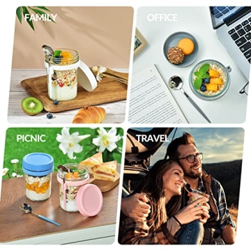 DRKIO 4 Pack Overnight Oats Containers with Spoons 16 Oz Glass Jars