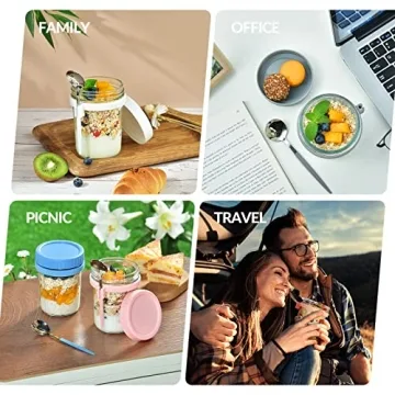 DRKIO 4 Pack Overnight Oats Containers with Spoons 16 Oz Glass Jars