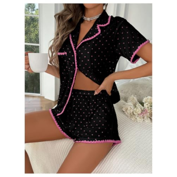 COZYEASE Women’s Silky Pajamas Set Heart Print 2-piece