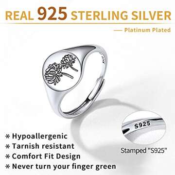 ChicSilver November Birth Flower Ring 925 Sterling Silver Handmade Chrysanthemum Signet Ring Adjustable Dainty Engraved Floral Statement Ring Personalized Jewelry Birthday Gift for Women