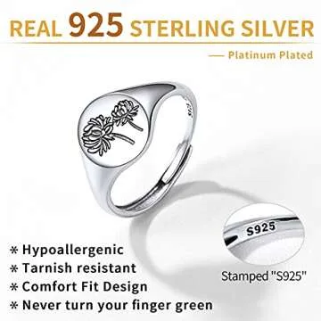 ChicSilver November Birth Flower Ring 925 Sterling Silver Handmade Chrysanthemum Signet Ring Adjustable Dainty Engraved Floral Statement Ring Personalized Jewelry Birthday Gift for Women
