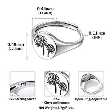 ChicSilver November Birth Flower Ring 925 Sterling Silver Handmade Chrysanthemum Signet Ring Adjustable Dainty Engraved Floral Statement Ring Personalized Jewelry Birthday Gift for Women