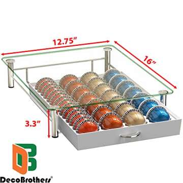 DecoBrothers Crystal Tempered Glass Vertuo Pod Holder Drawer, 28 Large or 56 Small Nespresso Capsule Organizer, White