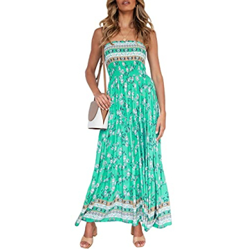 ZESICA Women's Summer Bohemian Floral Printed Strapless Beach Party Long Maxi Dress,Aqua,Small