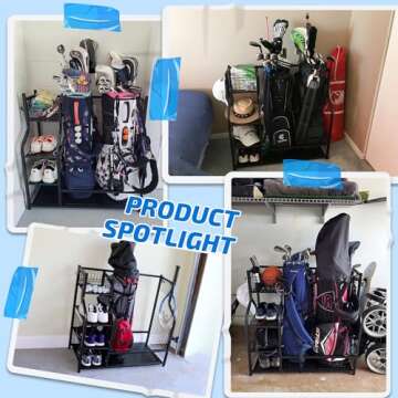 PLKOW Golf Bag Storage Garage Organizer, Extra Large Size Golf Bag Storage Stand and Golf Equipment ...