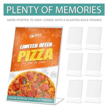 pbf 4x6 Acrylic Sign Holder | 4 x 6 Vertical Stand Up Slanted Sign Holder | Acrylic Stands for Display | Clear Picture Frame, Menu Table Top Stand, Plastic Flyer Holder (6-Pack)