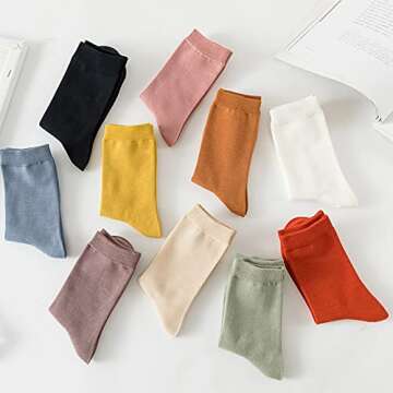 TeenFighter 10 Pairs of Comfortable Casual Cotton Socks for Women, Crew Size, Solid Color Stretch Socks for Girls
