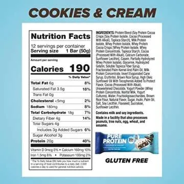 Pure Protein Bars, High Protein, Nutritious Snacks to Support Energy, Low Sugar, Gluten-free, Cookies and Cream, 1.76oz, 12 Pack