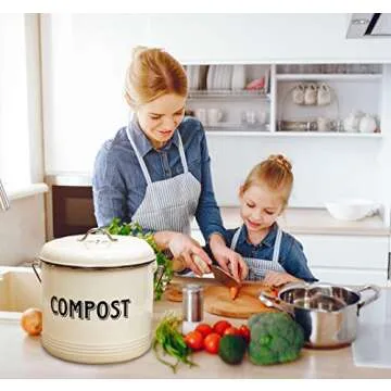 Compost Bin with 7 FREE Charcoal Filters by Silky Road | 1.3-Gallon / 5-Liter | Vintage Cream Powder-Coated Carbon Steel | Kitchen Pail with Lid, Trash Keeper Container Bucket, Recycling Caddy