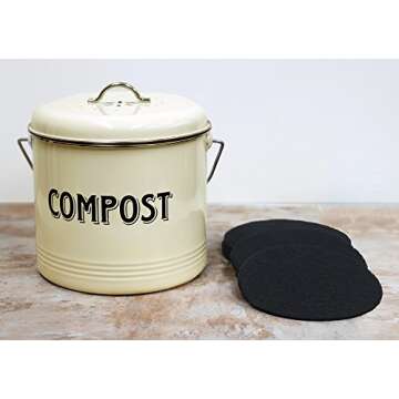 Compost Bin with 7 FREE Charcoal Filters by Silky Road | 1.3-Gallon / 5-Liter | Vintage Cream Powder-Coated Carbon Steel | Kitchen Pail with Lid, Trash Keeper Container Bucket, Recycling Caddy