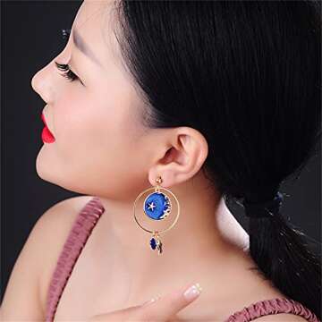 coadipress Star Moon Earrings for Women Creative Enamel Gold Plated Long Chain Blue Earth Planet Pendant Dangle Drop Hook Earrings (Earth Moon Star)