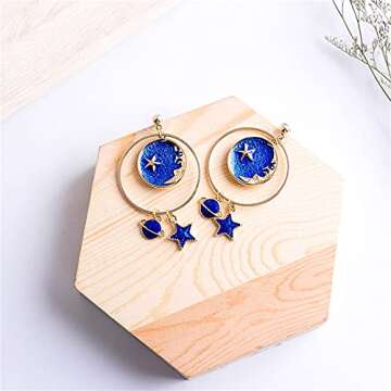 coadipress Star Moon Earrings for Women Creative Enamel Gold Plated Long Chain Blue Earth Planet Pendant Dangle Drop Hook Earrings (Earth Moon Star)