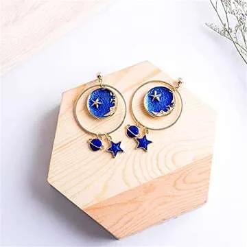 coadipress Star Moon Earrings for Women Creative Enamel Gold Plated Long Chain Blue Earth Planet Pendant Dangle Drop Hook Earrings (Earth Moon Star)