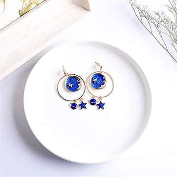 coadipress Star Moon Earrings for Women Creative Enamel Gold Plated Long Chain Blue Earth Planet Pendant Dangle Drop Hook Earrings (Earth Moon Star)