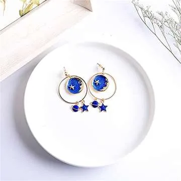coadipress Star Moon Earrings for Women Creative Enamel Gold Plated Long Chain Blue Earth Planet Pendant Dangle Drop Hook Earrings (Earth Moon Star)