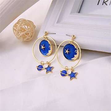 coadipress Star Moon Earrings for Women Creative Enamel Gold Plated Long Chain Blue Earth Planet Pendant Dangle Drop Hook Earrings (Earth Moon Star)