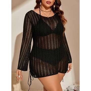 OYOANGLE Women's Plus Size Hollow Out Tie Back Cover Up Dress Swimwear Black 3XL