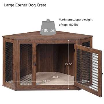 unipaws Furniture Style Corner Dog Crate for Medium Large Dogs, Indoor Aesthetic Puppy Kennel TV Stand, Modern Decorative Wood Pet House Dog Cage, Pretty Cute End Side Table Nightstand, Walnut