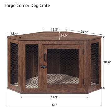unipaws Furniture Style Corner Dog Crate for Medium Large Dogs, Indoor Aesthetic Puppy Kennel TV Stand, Modern Decorative Wood Pet House Dog Cage, Pretty Cute End Side Table Nightstand, Walnut