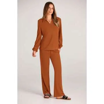 PRETTYGARDEN Womens Fall Clothes Two Piece Outfit Set Long Sleeve Lapel V Neck Tops Blouses Wide Leg Pants Ribbed Tracksuit