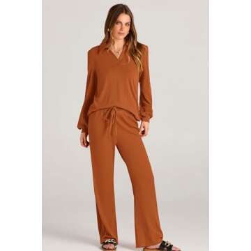 PRETTYGARDEN Womens Fall Clothes Two Piece Outfit Set Long Sleeve Lapel V Neck Tops Blouses Wide Leg Pants Ribbed Tracksuit