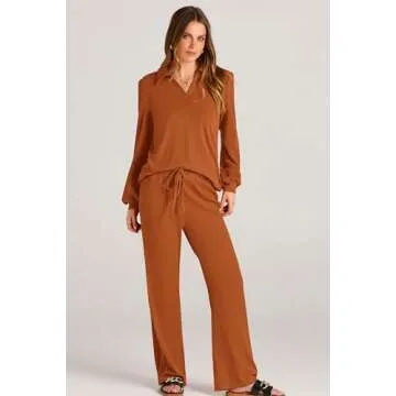 PRETTYGARDEN Womens Fall Clothes Two Piece Outfit Set Long Sleeve Lapel V Neck Tops Blouses Wide Leg Pants Ribbed Tracksuit