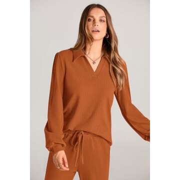 PRETTYGARDEN Womens Fall Clothes Two Piece Outfit Set Long Sleeve Lapel V Neck Tops Blouses Wide Leg Pants Ribbed Tracksuit