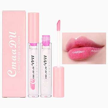 BINGBRUSH 2 Pcs Color Changing Lip Gloss Lip Oil Tinted, Pink Magic Mood Lipstick,Temperature Color Change Lip Stain Lip Balm, Longlasting Lips Will Not Dry Out