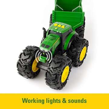 John Deere Monster Treads Tractor Toy with Wagon Toys with Lights and Sounds - Monster Truck Tires - Toddler Toys Ages 3 Years and Up,Red,Green