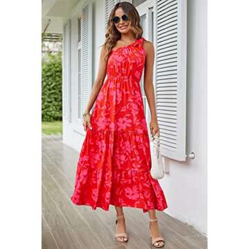 PRETTYGARDEN Women's Summer Floral Maxi Dress Knot One Shoulder Sleeveless Ruffle Flowy Boho Beach W...