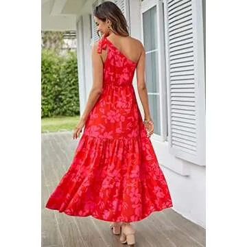 PRETTYGARDEN Women's Summer Floral Maxi Dress Knot One Shoulder Sleeveless Ruffle Flowy Boho Beach Wedding Guest Dresses (Red Floral,Small)