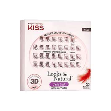 KISS Looks So Natural Trio Lash Medium Combo Pack, False Eyelashes with Tapered End Technology, 3D Lengths & Angles, Easy Grip Tray with Built-In Glue Pocket, 30 Trio Lashes in Short & Medium Lengths