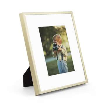 Frametory, 8x10 Gold Aluminum Picture Frame - Set of 1 - Ideal for Displaying 5x7 Photos with Mat or 8x10 Without Mat - Real Glass Front - Simple Gallery Wall Frames for Art Prints and Posters