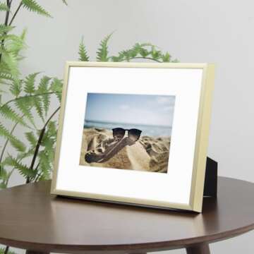 Frametory, 8x10 Gold Aluminum Picture Frame - Set of 1 - Ideal for Displaying 5x7 Photos with Mat or 8x10 Without Mat - Real Glass Front - Simple Gallery Wall Frames for Art Prints and Posters