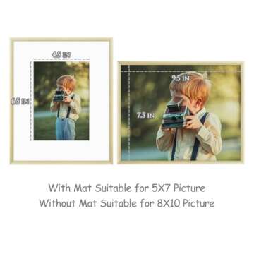 Frametory, 8x10 Gold Aluminum Picture Frame - Set of 1 - Ideal for Displaying 5x7 Photos with Mat or 8x10 Without Mat - Real Glass Front - Simple Gallery Wall Frames for Art Prints and Posters