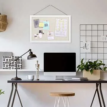 AKTOP Cork Board Bulletin Board with Linen 16.7" X 11", Small Framed Corkboard for Wall, Hanging Pin Board Picture Board for Home Office Decor, Cute Vision Board with 8 Pushpins (Vintage White)