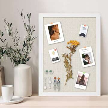 AKTOP Cork Board Bulletin Board with Linen 16.7" X 11", Small Framed Corkboard for Wall, Hanging Pin Board Picture Board for Home Office Decor, Cute Vision Board with 8 Pushpins (Vintage White)