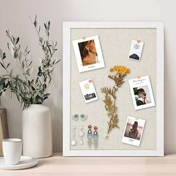 AKTOP Cork Board Bulletin Board with Linen 16.7" X 11", Small Framed Corkboard for Wall, Hanging Pin Board Picture Board for Home Office Decor, Cute Vision Board with 8 Pushpins (Vintage White)