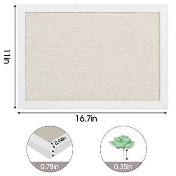 AKTOP Cork Board Bulletin Board with Linen 16.7" X 11", Small Framed Corkboard for Wall, Hanging Pin Board Picture Board for Home Office Decor, Cute Vision Board with 8 Pushpins (Vintage White)
