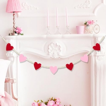 Valentine's Day Mantel Decor - Red Pink Felt Heart Garland with Wooden Beads for Festive Celebration