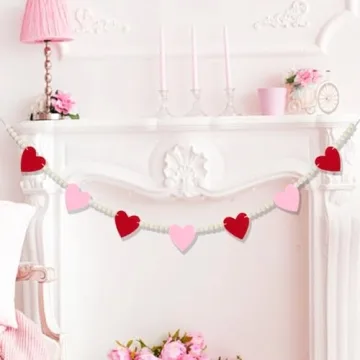 Valentine's Day Mantel Decor - Red Pink Felt Heart Garland with Wooden Beads for Festive Celebration