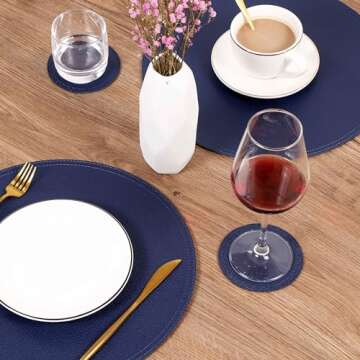 Jovono Navy Faux Leather Round Placemats and Coasters, Coffee Mats Kitchen Table Mats, Waterproof, Easy to Clean for Round Table, Dining Table