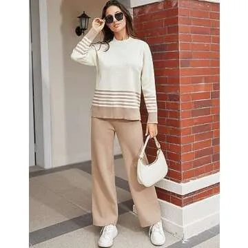 Tanming Women's Lounge Sets 2 Piece Outfits Knitted Pullover Sweater Tops Wide Leg Pants Tracksuit (LightKhaki-M)