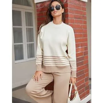 Tanming Women's Lounge Sets 2 Piece Outfits Knitted Pullover Sweater Tops Wide Leg Pants Tracksuit (LightKhaki-M)
