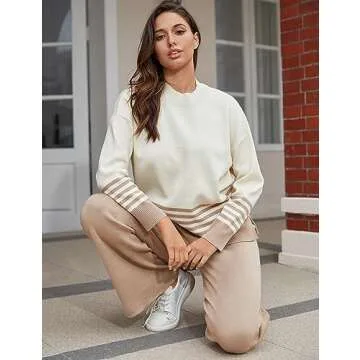 Tanming Women's Lounge Sets 2 Piece Outfits Knitted Pullover Sweater Tops Wide Leg Pants Tracksuit (LightKhaki-M)