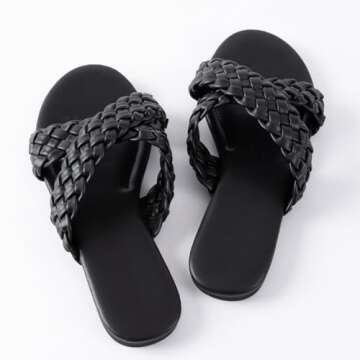 Mtzyoa Women Flat Sandals Black Size 7.5 Braided Crossover Summer Casual Sandalias para mujer Cute Leather Vacation Bohemian Dressy Slides